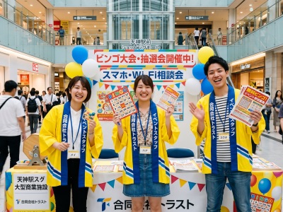 天神駅すぐの大型商業施設で、イベントスタッフとして働くスタッフの様子